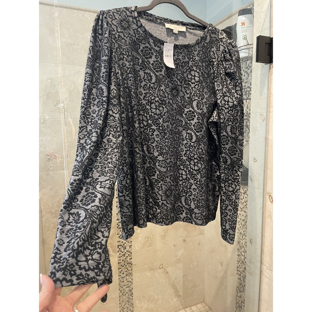 NWT: Loft Floral Jacquard Black Gray Stretch Long Sleeve Top (XL) $69